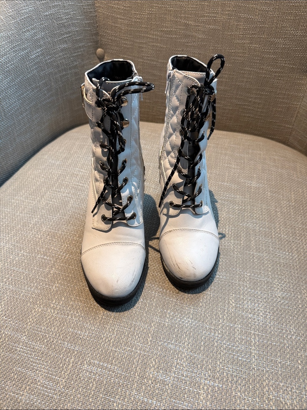 Guess White Quilted Lace-Up Ankle Boots with Black Laces